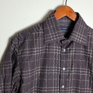 Burberry London Men's Button Up Brown Spellout Micro stripe Plaid Shirt Sz L